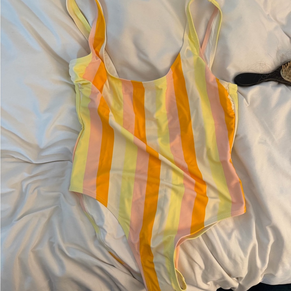 SOLID & STRIPED The Anne Marie - Yellow and Pink Striped One Piece Swimsuit - Picture 2 of 6